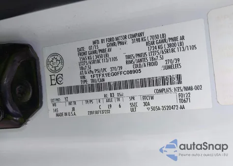 2015 Ford F150 Xlt z USA, uszkodzony, nr VIN 1FTFX1EG0FFC08905